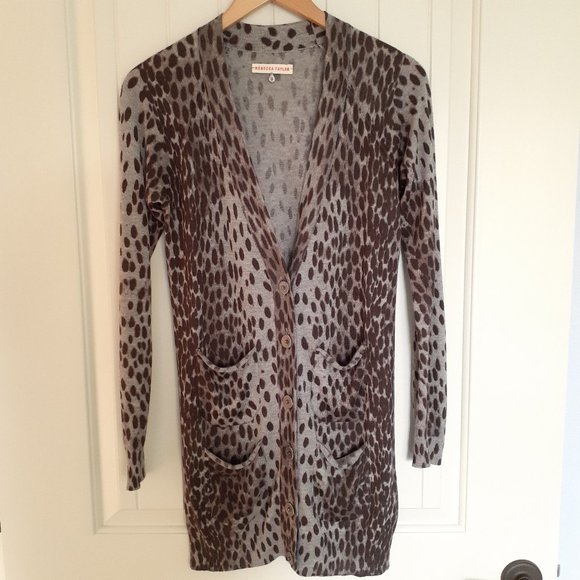 Rebecca Taylor Longline Silk Cashmere Animal Print Cardigan Pockets Brown Size S - Picture 1 of 11